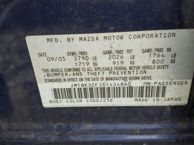 JM1BK32F361434860 - 2006 MAZDA 3 I BLUE photo 10