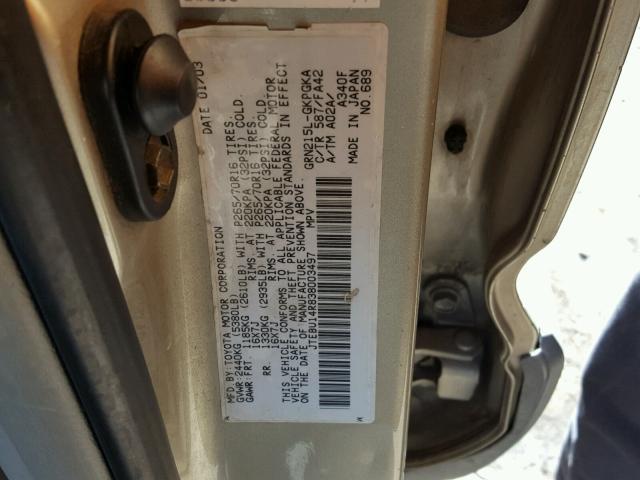 JTEBU14R838003497 - 2003 TOYOTA 4RUNNER SR GOLD photo 10