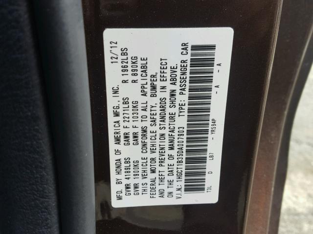 1HGCT1B35DA007903 - 2013 HONDA ACCORD LX- BROWN photo 10