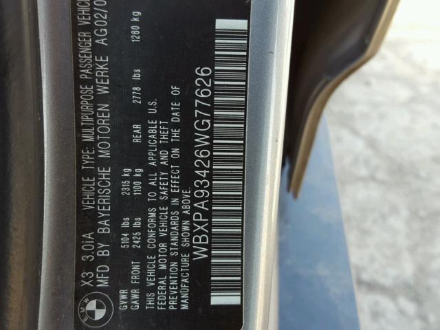 WBXPA93426WG77626 - 2006 BMW X3 3.0I SILVER photo 10