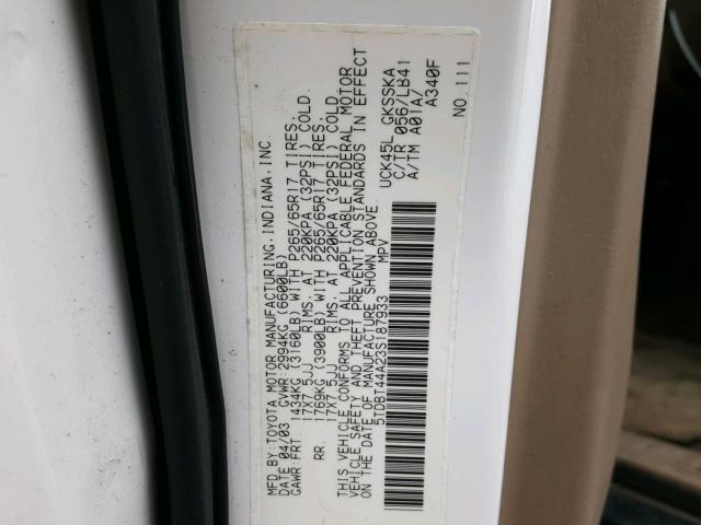 5TDBT44A23S187933 - 2003 TOYOTA SEQUOIA SR WHITE photo 10