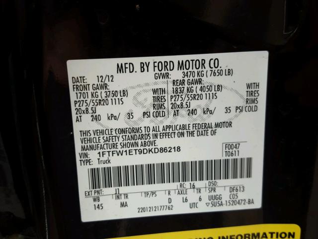 1FTFW1ET9DKD86218 - 2013 FORD F150 SUPER BLACK photo 10