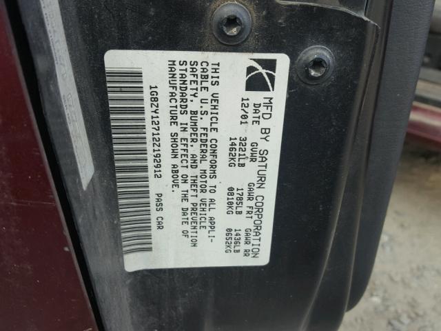 1G8ZY12712Z192912 - 2002 SATURN SC2 MAROON photo 10
