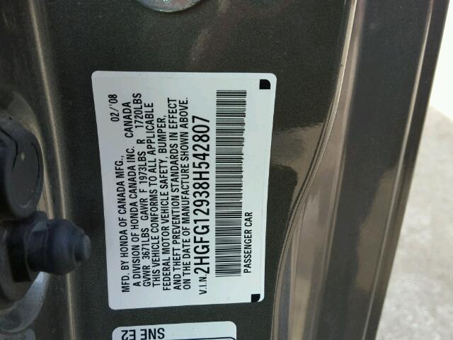 2HGFG12938H542807 - 2008 HONDA CIVIC EXL GRAY photo 10