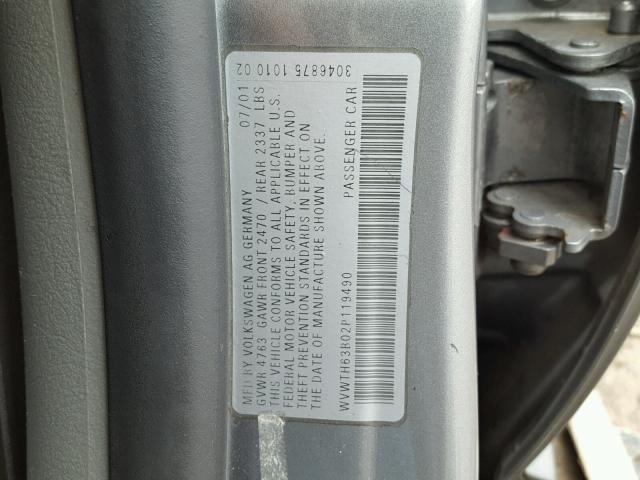 WVWTH63B02P119490 - 2002 VOLKSWAGEN PASSAT GLX 灰色 照片 10