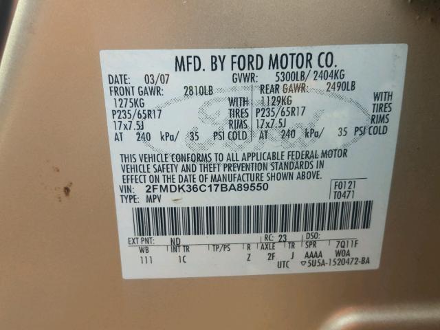 2FMDK36C17BA89550 - 2007 FORD EDGE SE GOLD photo 10