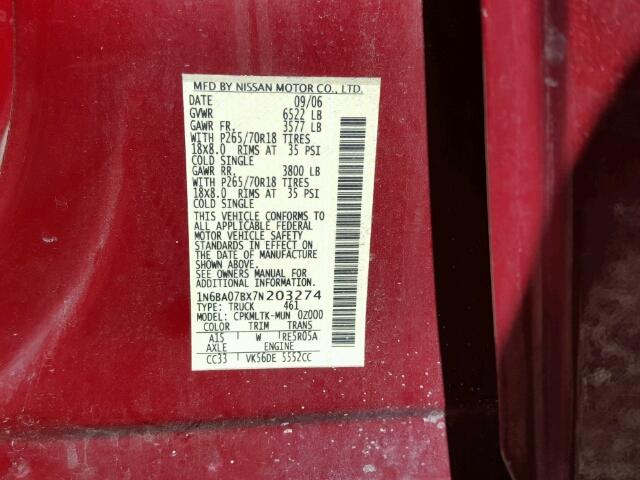 1N6BA07BX7N203274 - 2007 NISSAN TITAN XE RED photo 10