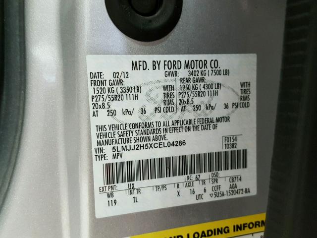 5LMJJ2H5XCEL04286 - 2012 LINCOLN NAVIGATOR Argent photo 10