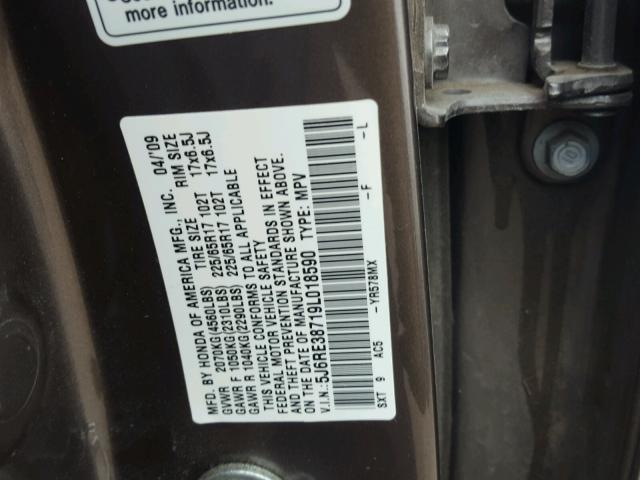 5J6RE38719L018590 - 2009 HONDA CR-V EXL TAN photo 10