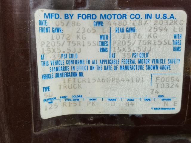 1FTCR15A6GPB44101 - 1986 FORD RANGER SUP BROWN photo 10