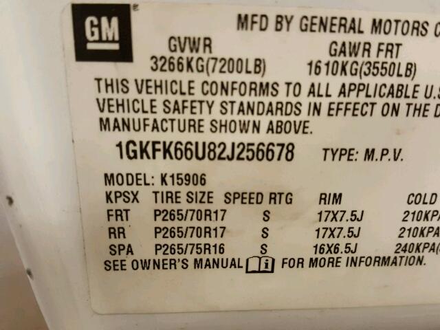 1GKFK66U82J256678 - 2002 GMC DENALI XL WHITE photo 10