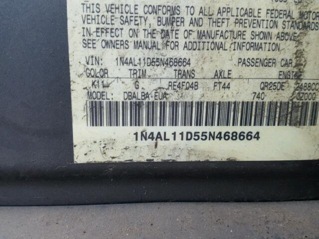 1N4AL11D55N468664 - 2005 NISSAN ALTIMA S GRAY photo 10