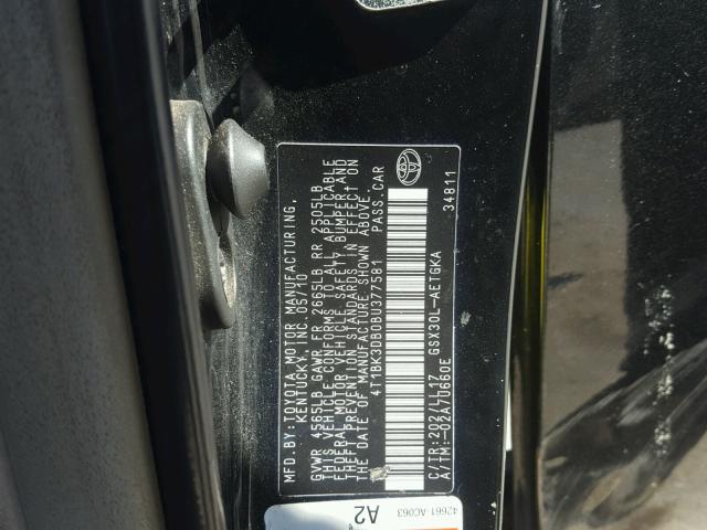 4T1BK3DB0BU377581 - 2011 TOYOTA AVALON BAS BLACK photo 10