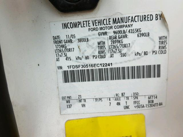 1FDSF30516EC12241 - 2006 FORD F350 SRW S WHITE photo 10