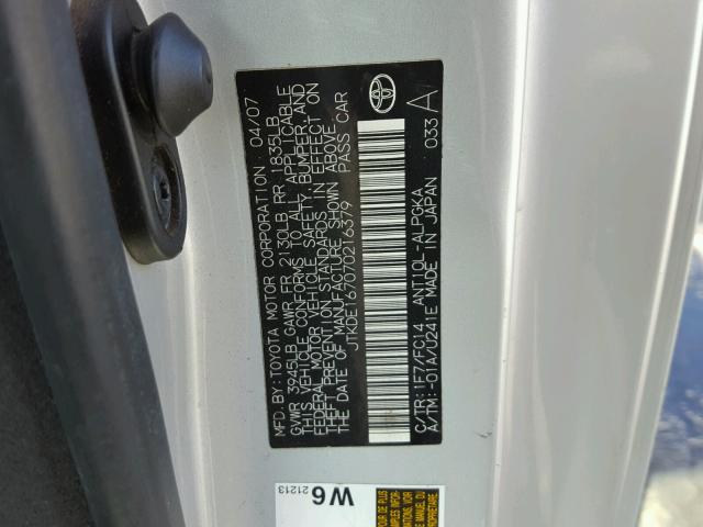 JTKDE167070216379 - 2007 TOYOTA SCION TC 银色 照片 10