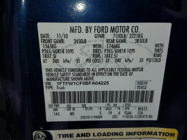 1FTFW1CF0BFA04225 - 2011 FORD F150 SUPER BLUE photo 10