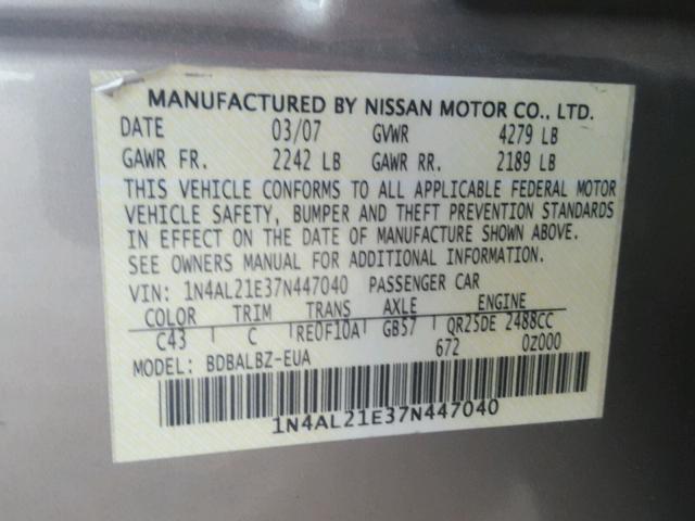 1N4AL21E37N447040 - 2007 NISSAN ALTIMA 2.5 BROWN photo 10