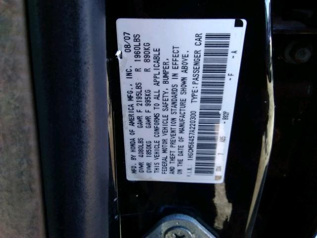 1HGCM56457A220300 - 2007 HONDA ACCORD LX BLACK photo 10