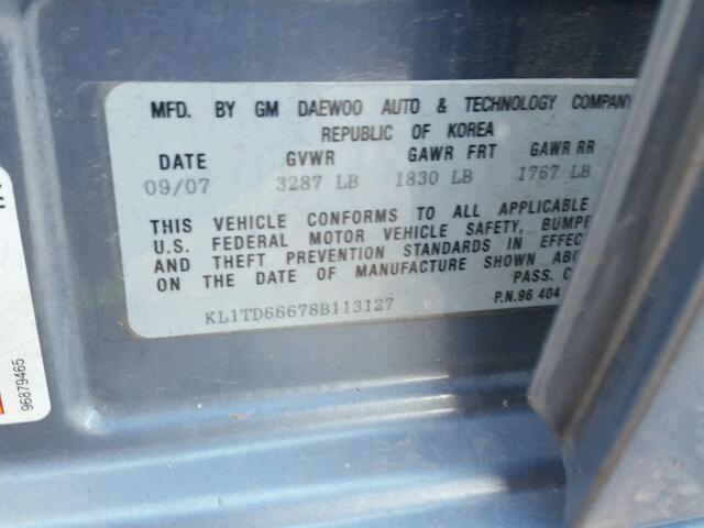 KL1TD66678B113127 - 2008 CHEVROLET AVEO BASE Bleu photo 10