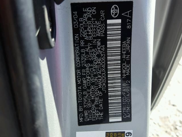 JTDKB20UX40063744 - 2004 TOYOTA PRIUS SILVER photo 10