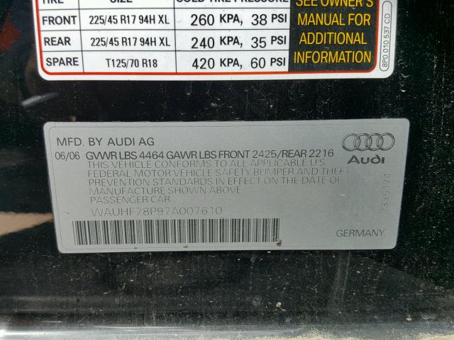 WAUHF78P97A007610 - 2007 AUDI A3 2 BLACK photo 10