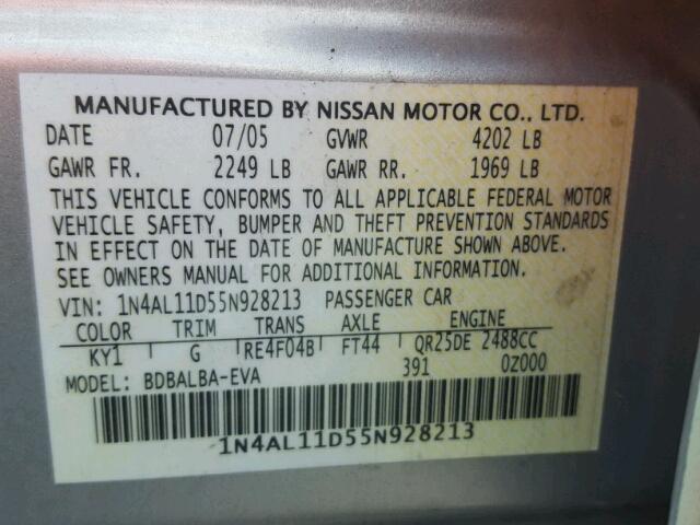 1N4AL11D55N928213 - 2005 NISSAN ALTIMA S SILVER photo 10