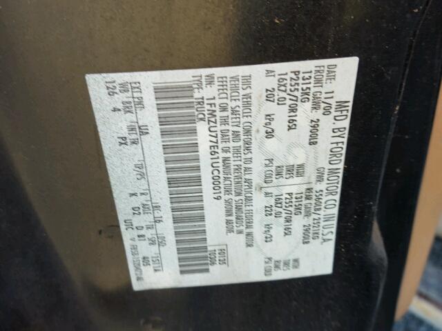 1FMZU77E61UC00019 - 2002 FORD EXPLORER S BLACK photo 10