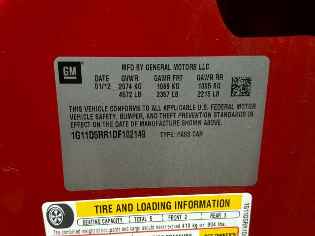 1G11D5RR1DF102149 - 2013 CHEVROLET MALIBU 1LT 栗色 照片 10