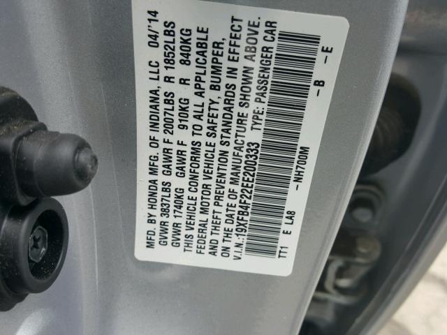 19XFB4F22EE200333 - 2014 HONDA CIVIC HYBR SILVER photo 10