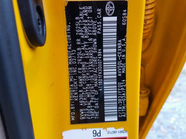 4T1BD1FKXDU074984 - 2013 TOYOTA CAMRY HYBR ყვითელი ფოტო 10