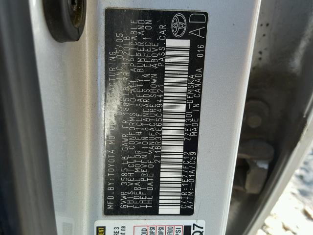 2T1BR32E65C494421 - 2005 TOYOTA COROLLA CE SILVER photo 10