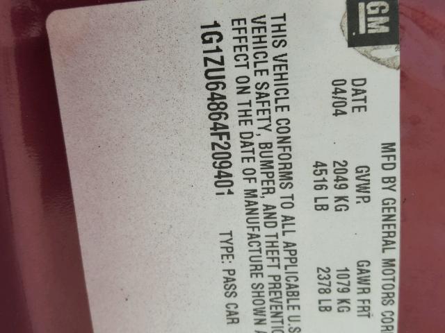 1G1ZU64864F209401 - 2004 CHEVROLET MALIBU MAX 红色 照片 10