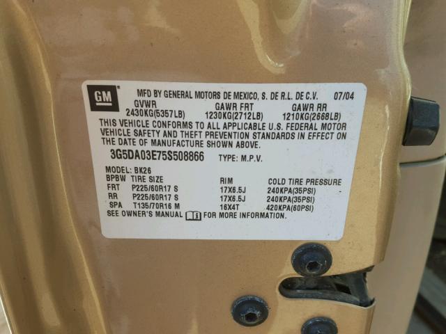 3G5DA03E75S508866 - 2005 BUICK RENDEZVOUS BEIGE photo 10