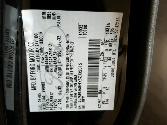 5LMEU68HX5ZJ32315 - 2005 LINCOLN AVIATOR 黑色 照片 10