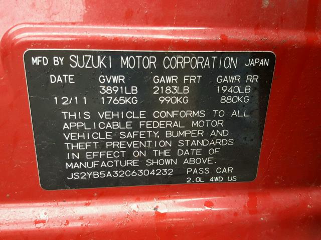 JS2YB5A32C6304232 - 2012 SUZUKI SX4 BASE RED photo 10