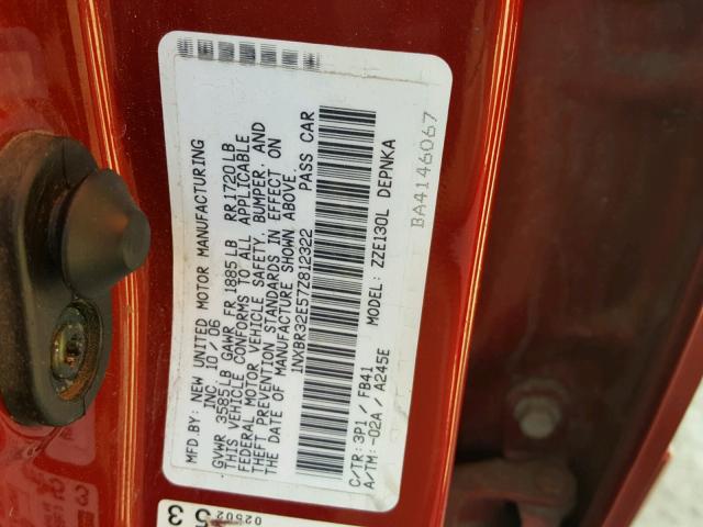 1NXBR32E57Z812322 - 2007 TOYOTA COROLLA CE RED photo 10