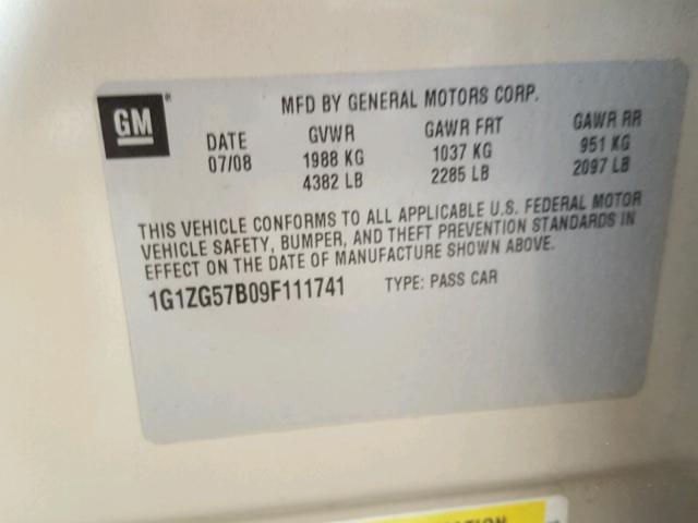 1G1ZG57B09F111741 - 2009 CHEVROLET MALIBU LS ოქროსფერი ფოტო 10