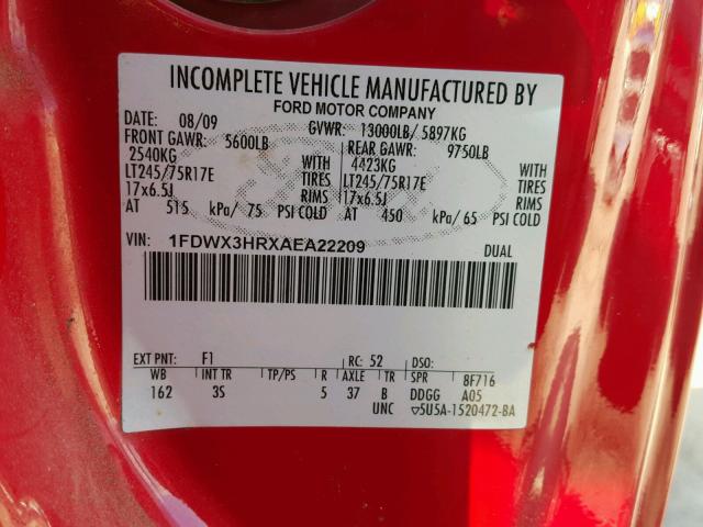 1FDWX3HRXAEA22209 - 2010 FORD F350 SUPER RED photo 10