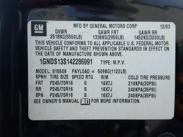 1GNDS13S142286991 - 2004 CHEVROLET TRAILBLAZE BLACK photo 10