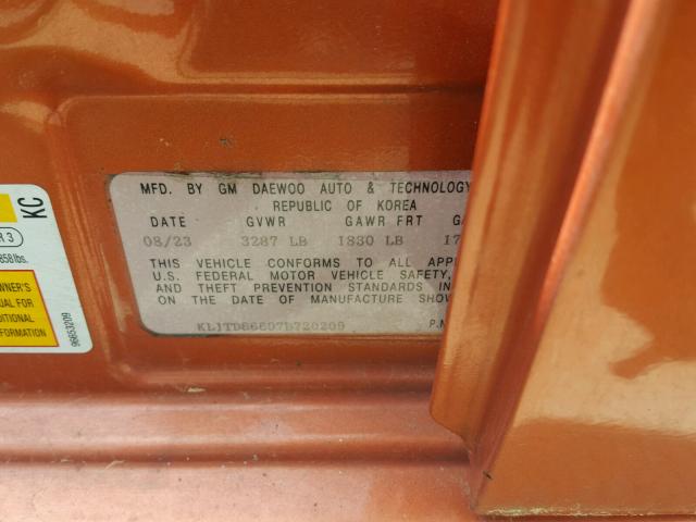 KL1TD66607B720209 - 2007 CHEVROLET AVEO BASE Pomarańczowy zdjęcie 10