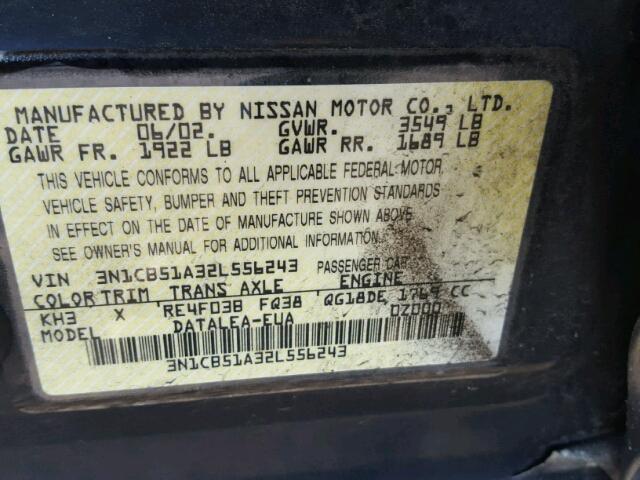 3N1CB51A32L556243 - 2002 NISSAN SENTRA GXE BLACK photo 10