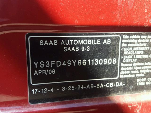 YS3FD49Y661130908 - 2006 SAAB 9-3 BASE RED photo 10