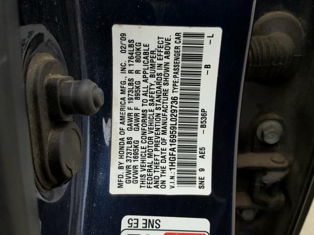 1HGFA16959L029736 - 2009 HONDA CIVIC EXL BLUE photo 10