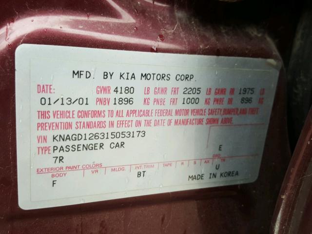 KNAGD126315053173 - 2001 KIA OPTIMA MAG MAROON photo 10