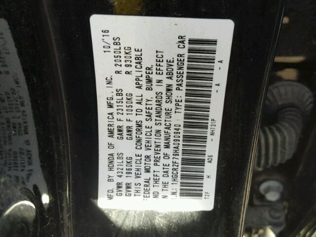 1HGCR2F79HA090940 - 2017 HONDA ACCORD EX BLACK photo 10