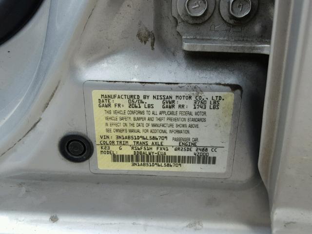 3N1AB51D96L586709 - 2006 NISSAN SENTRA SE- SILVER photo 10