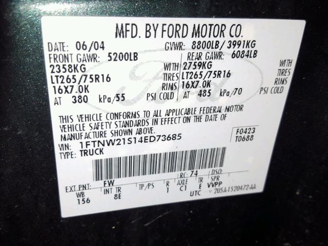 1FTNW21S14ED73685 - 2004 FORD F250 SUPER BLACK photo 10