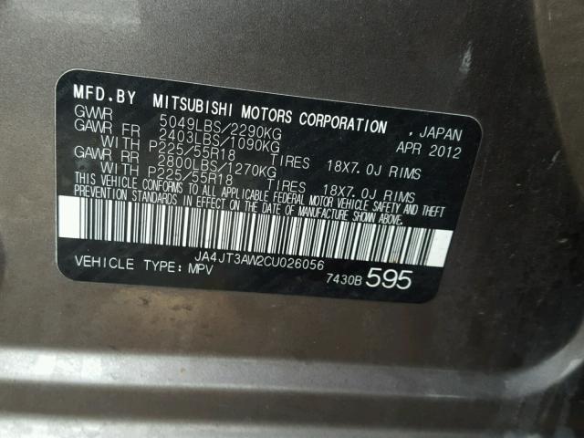 JA4JT3AW2CU026056 - 2012 MITSUBISHI OUTLANDER GRAY photo 10