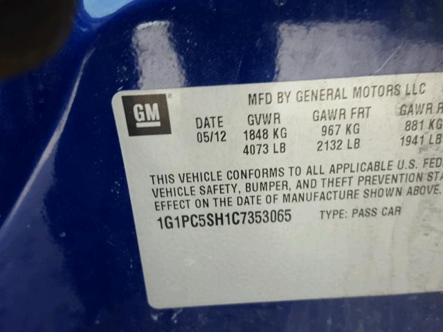 1G1PC5SH1C7353065 - 2012 CHEVROLET CRUZE LS BLUE photo 10