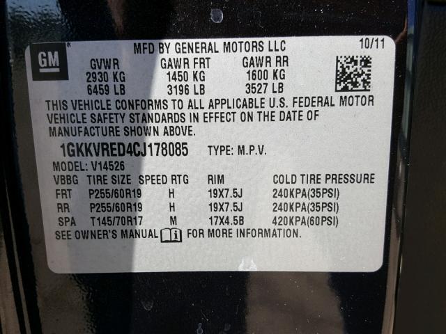 1GKKVRED4CJ178085 - 2012 GMC ACADIA SLT BLACK photo 10